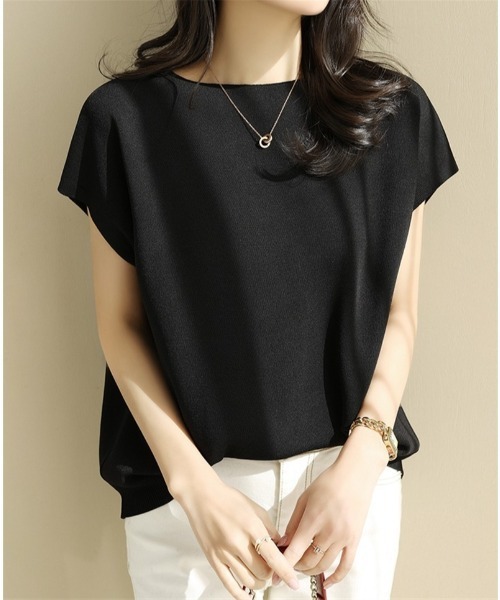 BLANC FICELLE（ブランフィセル）の「半袖ボートネックニット（Tシャツ/カットソー・レディース・アイボリー/サックスブルー/ベージュ/ブラック・F）」の8枚目の写真
