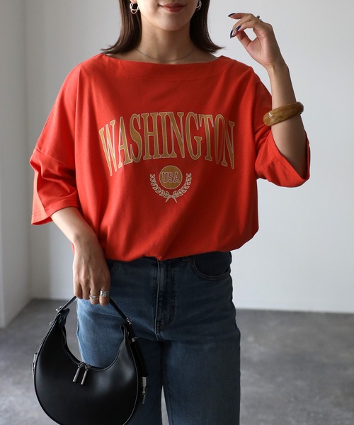 Riberry(リベリー)の「WASHINGTON プリント ボートネックTシャツ(Tシャツ/カットソー・レディース・チャコールグレー/オフホワイト/ライトイエロー/オレンジ/ブルー・FREE)」の21枚目の写真