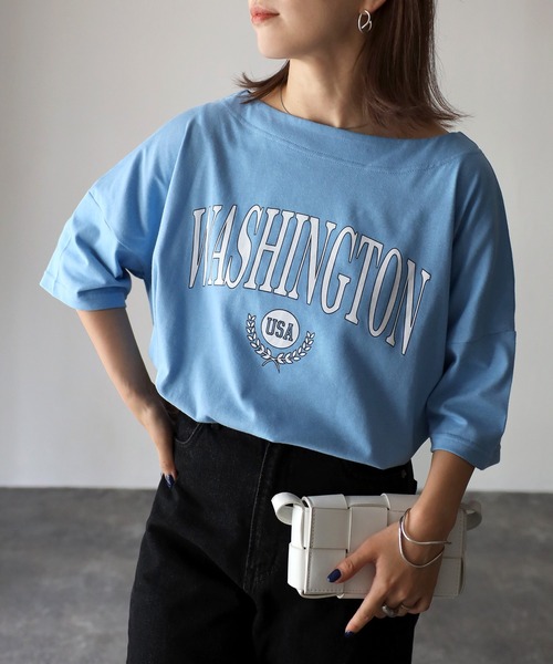 Riberry(リベリー)の「WASHINGTON プリント ボートネックTシャツ(Tシャツ/カットソー・レディース・チャコールグレー/オフホワイト/ライトイエロー/オレンジ/ブルー・FREE)」の18枚目の写真