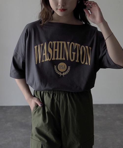 Riberry(リベリー)の「WASHINGTON プリント ボートネックTシャツ(Tシャツ/カットソー・レディース・チャコールグレー/オフホワイト/ライトイエロー/オレンジ/ブルー・FREE)」の16枚目の写真