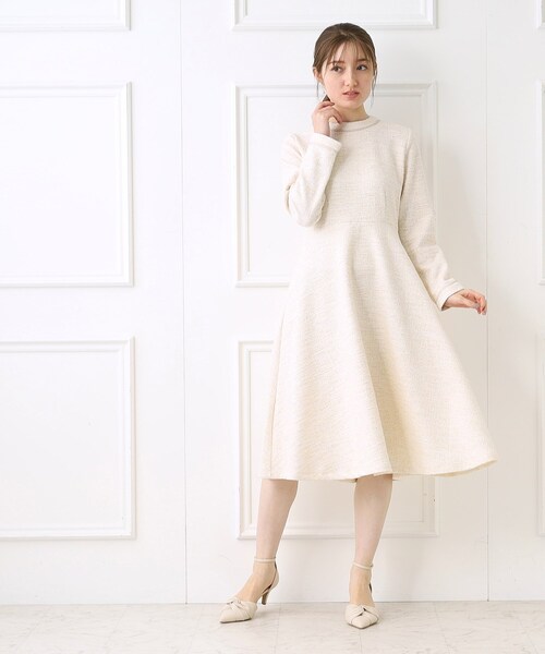 希少✨美品✨ルネ　TISSUE ラメツイードワンピース　プリーツフレア　白　L 希少✨美品✨ルネ TISSUE ラメツイードワンピース プリーツフレア 白 L