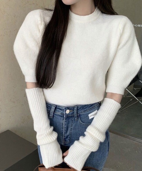 Miniministore(ミニミニストア)の「アームォーマー ニットトップス 韓国風(ニット/セーター・レディース・ミント/ベージュ/ワインレッド/オフホワイト/ブラック/ラベンダー・フリー)」の2枚目の写真