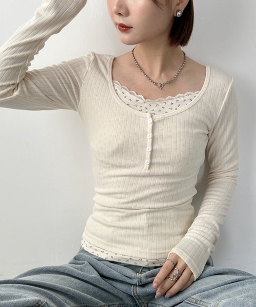 CLEA(クレア)の「フラワー柄レイヤードコンパクトトップス(Tシャツ/カットソー・レディース・モカ/アイボリー・M)」の13枚目の写真