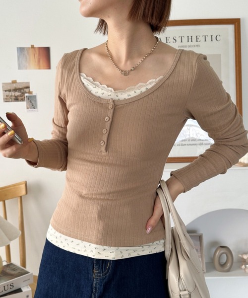 CLEA(クレア)の「フラワー柄レイヤードコンパクトトップス(Tシャツ/カットソー・レディース・モカ/アイボリー・M)」の21枚目の写真
