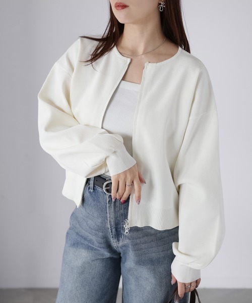 Riberry（リベリー）の「スポンディッシュダブルジップカーデ（カーディガン/ボレロ・レディース・ブラック/ホワイト×ブラック/グレイッシュベージュ/オフホワイト・FREE）」の2枚目の写真