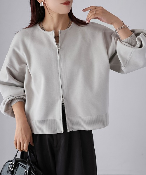 Riberry（リベリー）の「スポンディッシュダブルジップカーデ（カーディガン/ボレロ・レディース・ブラック/ホワイト×ブラック/グレイッシュベージュ/オフホワイト・FREE）」の4枚目の写真