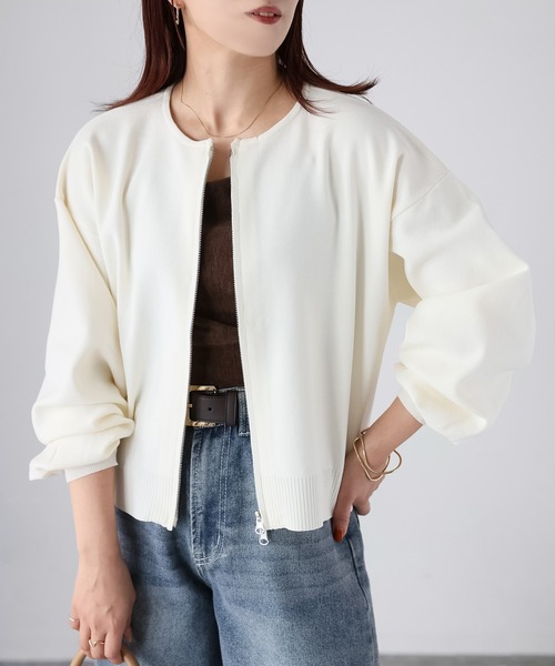 Riberry（リベリー）の「スポンディッシュダブルジップカーデ（カーディガン/ボレロ・レディース・ブラック/ホワイト×ブラック/グレイッシュベージュ/オフホワイト・FREE）」の8枚目の写真