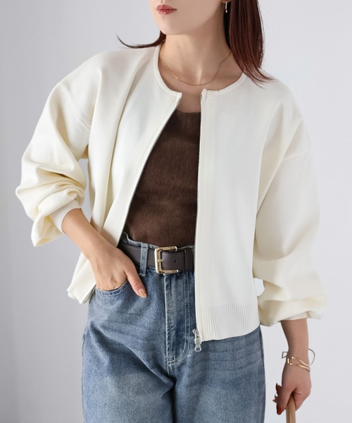 Riberry（リベリー）の「スポンディッシュダブルジップカーデ（カーディガン/ボレロ・レディース・ブラック/ホワイト×ブラック/グレイッシュベージュ/オフホワイト・FREE）」の12枚目の写真