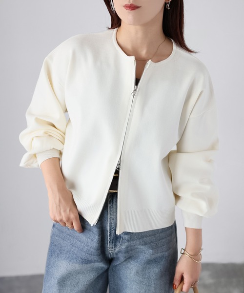 Riberry（リベリー）の「スポンディッシュダブルジップカーデ（カーディガン/ボレロ・レディース・ブラック/ホワイト×ブラック/グレイッシュベージュ/オフホワイト・FREE）」の16枚目の写真