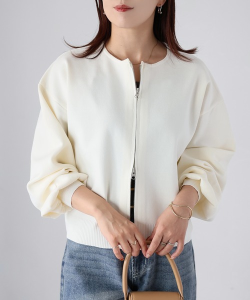 Riberry（リベリー）の「スポンディッシュダブルジップカーデ（カーディガン/ボレロ・レディース・ブラック/ホワイト×ブラック/グレイッシュベージュ/オフホワイト・FREE）」の13枚目の写真