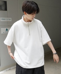 ナチュラルドレープ とろみポンチ ルーズシルエット ドロスト ハーフジップ半袖Tシャツ カットソー ユニセックス