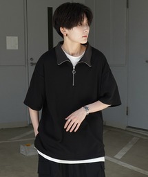 ナチュラルドレープ とろみポンチ ルーズシルエット ドロスト ハーフジップ半袖Tシャツ カットソー ユニセックス