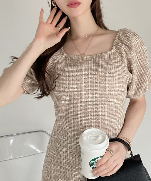 セール】カットツイード パフスリーブ スクエアネック ワンピース