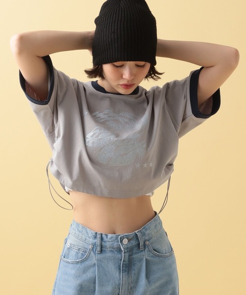 PBLIM（ページボーイリム）の「PBLIM/サイドギャザーチビT（Tシャツ/カットソー・レディース・グレー/ピンク・FREE）」の3枚目の写真