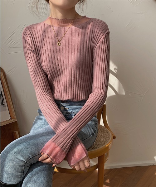 Per sist ence（パーシエンス）の「シアーレースレイヤード風リブニットプルオーバー（Tシャツ/カットソー・レディース・ホワイト/ピンク/アイボリー/ブラック/ブルー・FREE）」の5枚目の写真