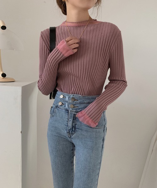 Per sist ence（パーシエンス）の「シアーレースレイヤード風リブニットプルオーバー（Tシャツ/カットソー・レディース・ホワイト/ピンク/アイボリー/ブラック/ブルー・FREE）」の18枚目の写真