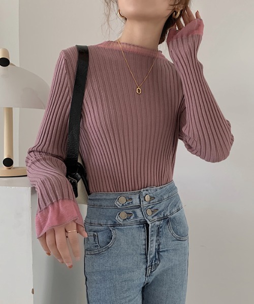 Per sist ence（パーシエンス）の「シアーレースレイヤード風リブニットプルオーバー（Tシャツ/カットソー・レディース・ホワイト/ピンク/アイボリー/ブラック/ブルー・FREE）」の19枚目の写真