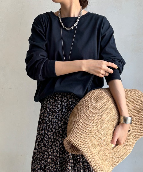 DouDou(ドゥドゥ)の「コットンロンTEE(Tシャツ/カットソー・レディース・ピンク/オフホワイト/チャコールグレー/サックスブルー/ネイビー・FREE)」の4枚目の写真