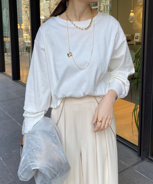 DouDou(ドゥドゥ)の「コットンロンTEE(Tシャツ/カットソー・レディース・ピンク/オフホワイト/チャコールグレー/サックスブルー/ネイビー・FREE)」の2枚目の写真