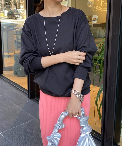 DouDou(ドゥドゥ)の「コットンロンTEE(Tシャツ/カットソー・レディース・ピンク/オフホワイト/チャコールグレー/サックスブルー/ネイビー・FREE)」の3枚目の写真