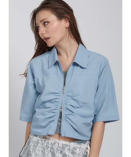 Adoon plain(アドーンプレーン)の「ナイロンジップシャツ(シャツ/ブラウス・レディース・ホワイト/ライトブルー/ブラック・FREE)」の1枚目の写真