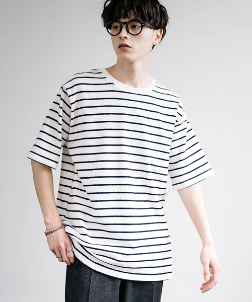 Rocky Monroe(ロッキーモンロー)の「無地/ボーダー柄 甘編み裏毛クルーネック半袖Tシャツ(Tシャツ/カットソー・メンズ・ネイビー×ホワイト/ネイビー/ホワイト×ネイビー/グレー・LL/L/M)」の20枚目の写真