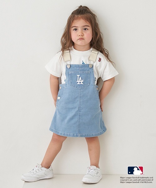 petit main（プティマイン）の「【MLB】サロペットスカート(キッズサイズ)（ジャンパースカート・キッズ・サックスブルー/ネイビー/オフホワイト・S/M/L）」の3枚目の写真