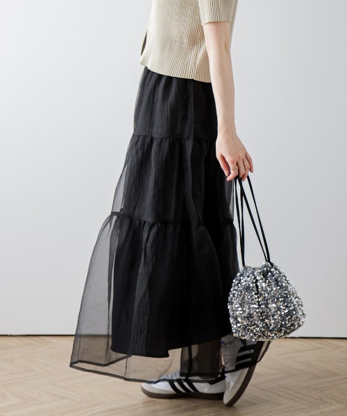 AMELY(エミリー)の「オーガンジーティアードスカート(スカート・レディース・ブラック/ブラウン/ホワイト/アイボリー・フリー)」の7枚目の写真