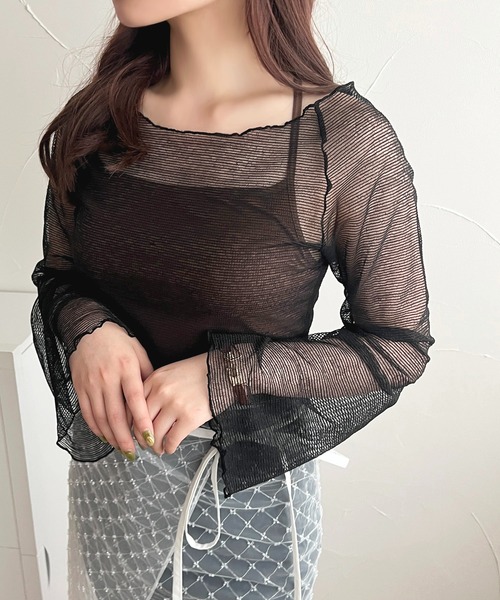apres jour（アプレジュール）の「シアーボーダーTシャツ【ZOZOTOWN限定アイテム】（Tシャツ/カットソー・レディース・アイボリー/ブラック/オフホワイト・X-LARGE/フリー）」の3枚目の写真