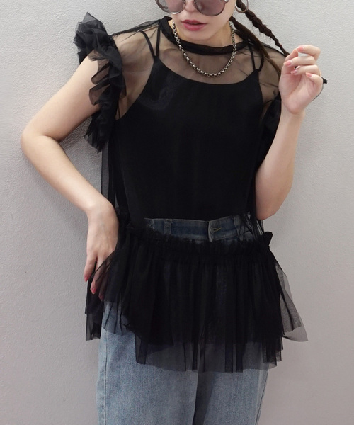e-zakkamania stores(イーザッカマニアストアーズ)の「フリルスリーブ チュール シアートップス(シャツ/ブラウス・レディース・パープル/ブラック/クリーム・M)」の2枚目の写真