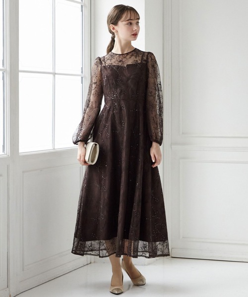 aimer パーティドレス　スパンコールフラワー刺繍ロングスリーブドレス スパンコールフラワー刺繍ロングスリーブパーティードレス 結婚式