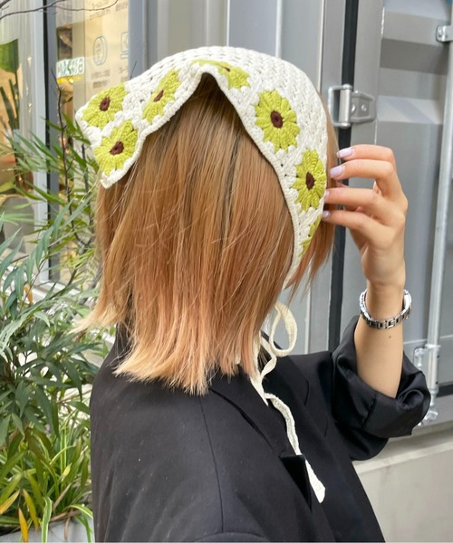セール】【HIKA】カギ編み花モチーフバブーシュカ（ヘアバンド