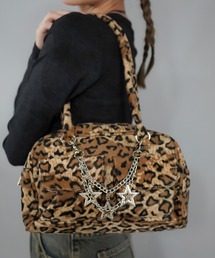 チェーンストラップ付き 2ポケットレオパードファーボストンバッグ