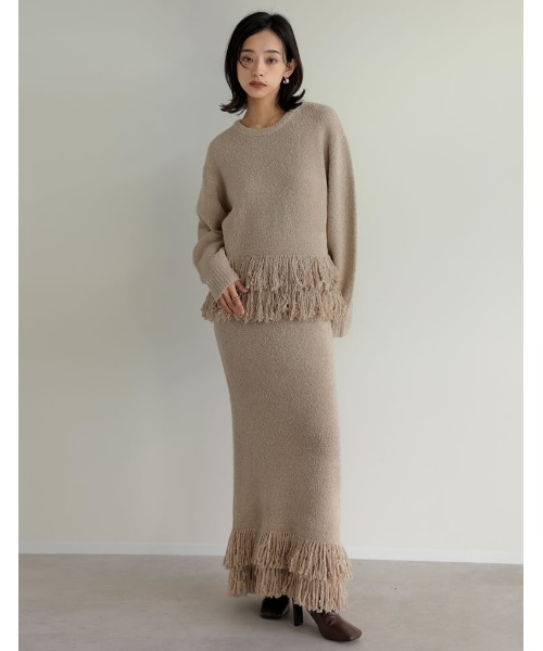 Re:EDIT（リエディ）の「[2024-25 WINTER COLLECTION]ブークレ裾フリンジニットトップス（ニット/セーター・レディース・ベージュ/ブラック/アイボリー・MEDIUM/LARGE）」の17枚目の写真