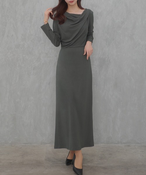 セール】薄手ドレープセミフレアワンピース【ペチスカートセット