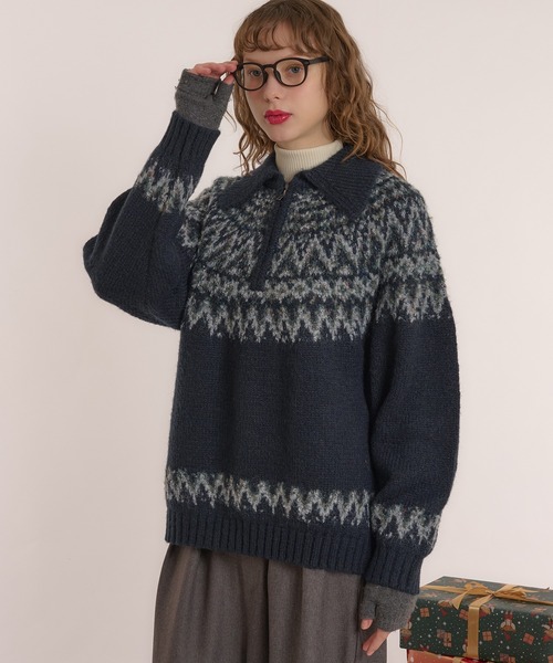MUHET(ミュエータ)の「求心柄ハーフジップニット(ニット/セーター・レディース・ネイビー/ブラウン・X-LARGE/MEDIUM)」の9枚目の写真
