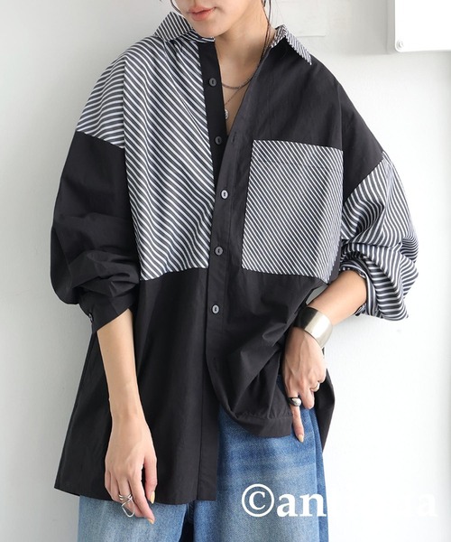 antiqua(アンティカ)の「デザインストライプシャツ(シャツ/ブラウス・レディース・ブラック/ブルー・ONESIZE)」の1枚目の写真