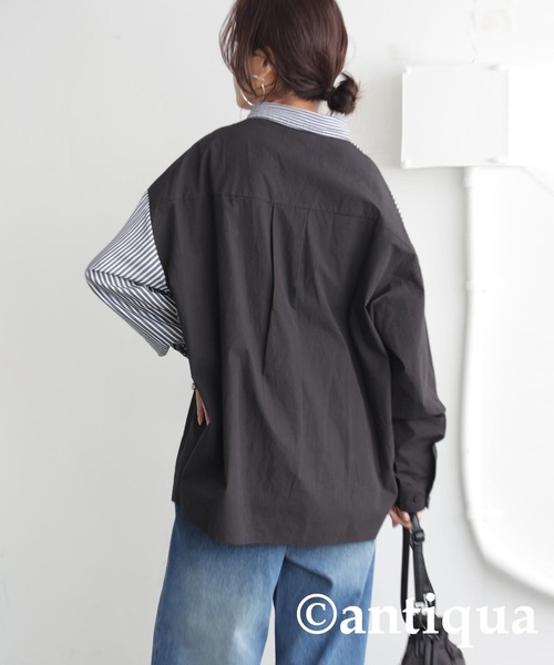 antiqua(アンティカ)の「デザインストライプシャツ(シャツ/ブラウス・レディース・ブラック/ブルー・ONESIZE)」の4枚目の写真