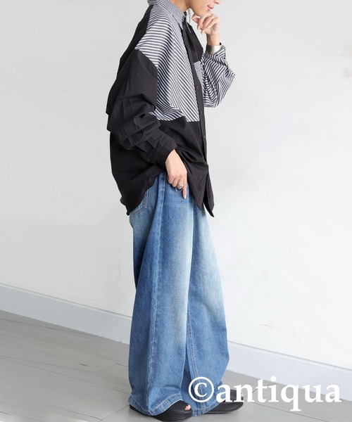 antiqua(アンティカ)の「デザインストライプシャツ(シャツ/ブラウス・レディース・ブラック/ブルー・ONESIZE)」の5枚目の写真
