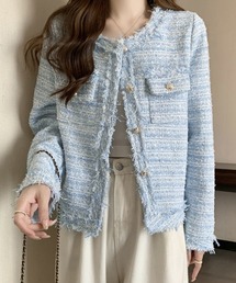 ノーカラージャケット（ブルー・ネイビー/青色系・フリンジ