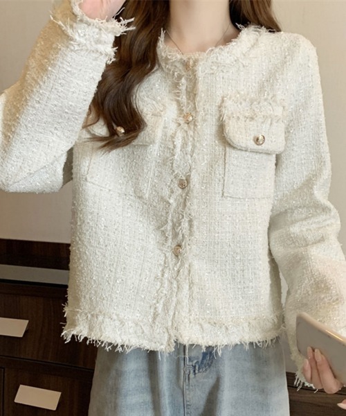 セール】春ツイードチェックノーカラージャケット（ノーカラー