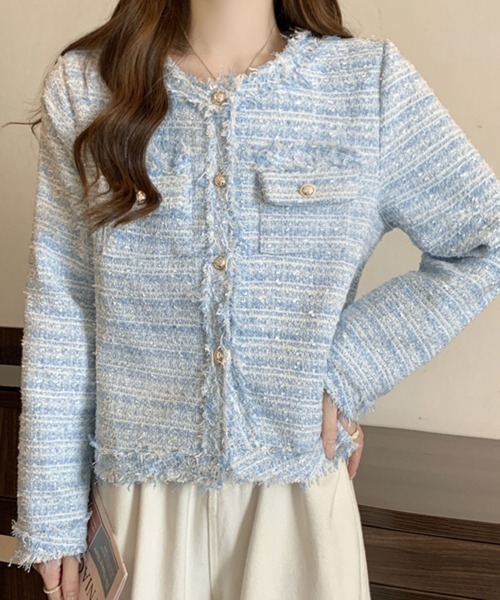 セール】春ツイードチェックノーカラージャケット（ノーカラー