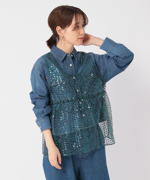 studio CLIP（スタディオクリップ）の「チュールスパンコールベスト（ベスト・レディース・ライトベージュ/スカイブルー/ブラック・FREE）」の3枚目の写真