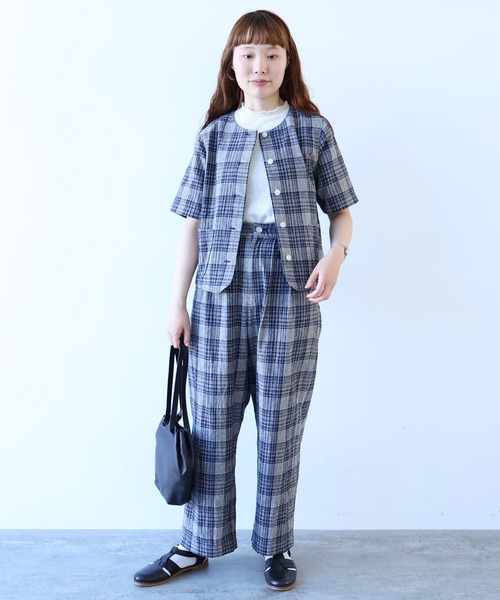 bulle de savon（ビュルデサボン）の「コットン/リネン washer CHECK タックパンツ（その他パンツ・レディース・ネイビー・FREE）」の14枚目の写真