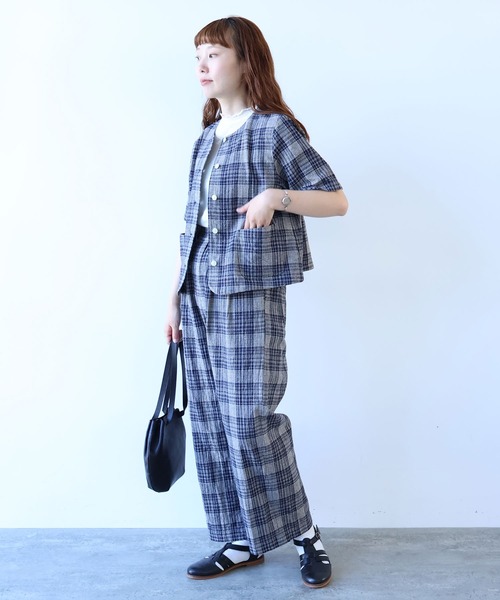 bulle de savon（ビュルデサボン）の「コットン/リネン washer CHECK タックパンツ（その他パンツ・レディース・ネイビー・FREE）」の13枚目の写真