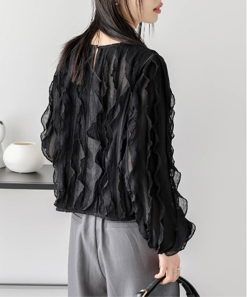 AMELY(エミリー)の「シアーフリルトップス(Tシャツ/カットソー・レディース・ホワイト/ブラック・フリー)」の13枚目の写真