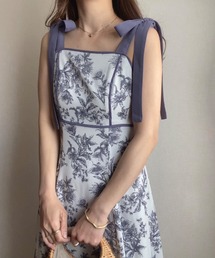 ショルダーリボンフラワープリントワンピース
