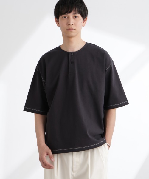 NANO universe（ナノユニバース）の「ヘビーオンスワイドヘンリーネックTシャツ 半袖（Tシャツ/カットソー・メンズ・ネイビー/ホワイト/ブラック・L/M）」の4枚目の写真