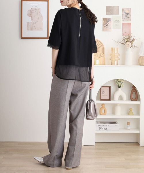 EGLANTINE(エグランティーヌ)の「EGLANTINE ブラウスANC スパンコールロゴTシャツ メッシュ切り替えバックファスナー半袖カットソー(Tシャツ/カットソー・レディース・ブラック/オフホワイト/グレー/ブルー・40)」の16枚目の写真