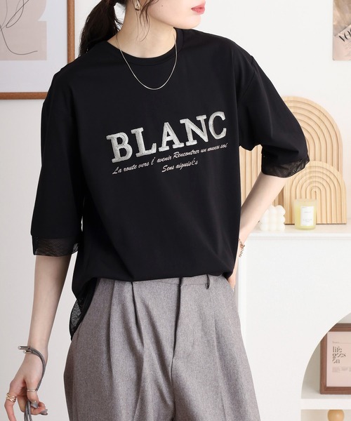 EGLANTINE(エグランティーヌ)の「EGLANTINE ブラウスANC スパンコールロゴTシャツ メッシュ切り替えバックファスナー半袖カットソー(Tシャツ/カットソー・レディース・ブラック/オフホワイト/グレー/ブルー・40)」の13枚目の写真